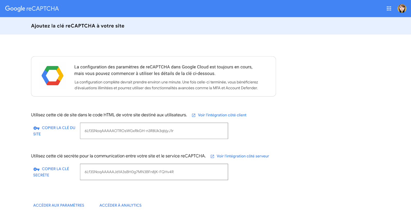 Clé du site et clé secrète Google reCAPTCHA