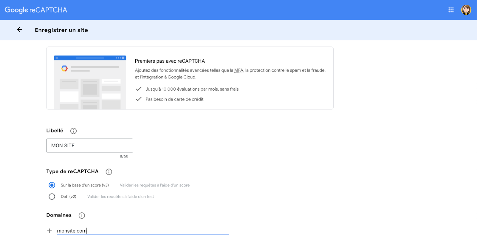 Enregistrement du domaine pour une clé Google reCAPTCHA v3